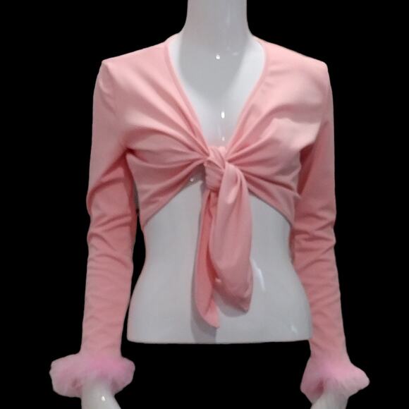 Women's Long Sleeve Tie Up Crop Top Feather Trim Deep V Neck Size Large - Picture 4 of 4